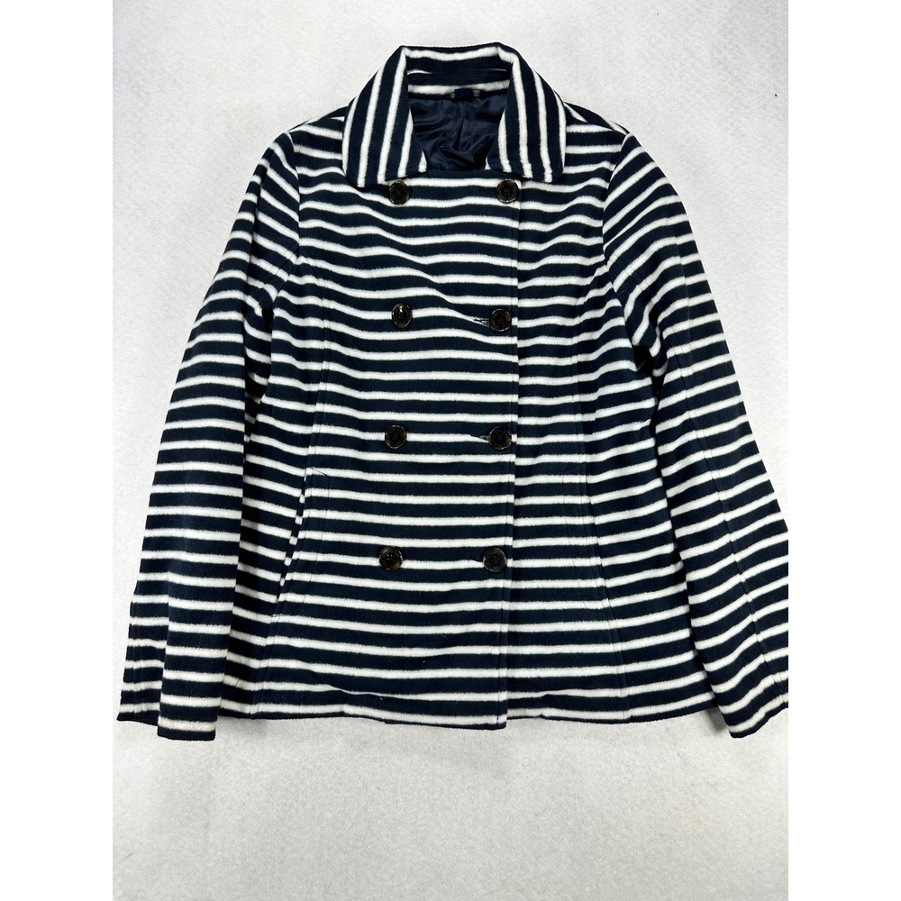 Lands End Navy White Striped Peacoat Jacket Womens Medium 10-12 Double Breasted